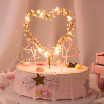  Südame Kuju LED Pearl Cake Toppers Beebi Õnnelik Sünnipäev Koogikesi Pool Kaunistamiseks Kook Dekoreerimiseks Vahend Müüa