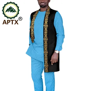  Aafrika Jacquard-Print 3 Tükki Ülikond Meeste Varrukateta Pluus +Täis Varruka Top+Püksid Vabaaja Komplekt TA2216129