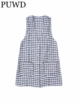  PUWD Naiste Sinine Tekstuur Ruuduline Kleit, Vintage V-Kaeluse Varrukateta Klapp 2022 Sügisel/Talvel Taskud Naiste Kleidid Vestidos