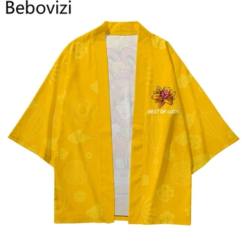  Mood Kimono Pluss Suurus Beach Harajuku Kollane Cartoon Jaapani Stiilis Kehtestatakse Meeste Ja Naiste Kampsun, Haori Obi-Aasia Riided Pant Ülikond