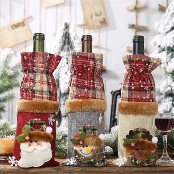  1tk Jõulud Veini Pudel Hõlma Burlap Santa Claus Pudel Kotid Ruuduline Pingutusnöör Veini Pudel Hõlmab Jõulud Pool Decor