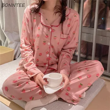 Pajama Set Naiste Virsiku-print Armas Kevad Sleepwear Lounge korea Stiilis Kawaii Hubane 2 Tükki Basic Naine Preppy Teismelised Varustus