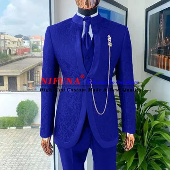  2022 Elegantne Meeste Ülikond Royal Blue Jacquard Slim Meeste Pulm Kostüümid Peigmehe Smoking Prom Pool Õhtul Bleiser Komplektid 3 Tk Traje Hombre