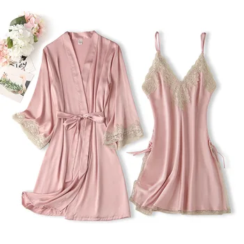  2TK roosa Kimono Hommikumantel Satiin Naiste Sleepwear Intiimne Pesu Vabaaja Hommikumantel Kleit Seksikas Pits Magada Set Homewear Nightwear