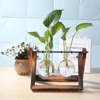  Klaasist ja Puidust Vaas Planter Terrarium Tabel Desktop Hydroponics Taim Ripub Potid, Puidust Sahtel Home Decor Bonsai lillepotis
