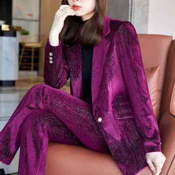  Korea Wnter Ametlik Daamid Kõrge Kvaliteet Kulla Velvet Pintsak Naistele Äri-Sobib Komplekti Koo Kanda Kontori Püksid Jope