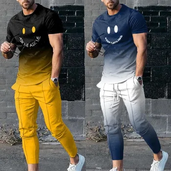  Sügisel Meeste Tracksuit 2-osaline Komplekt, Jogger Meeste Riided Smiley Sätestatud 3D Trükitud Lühike Varrukas Sobiks T-särgid+Püksid Varustus Streetwear