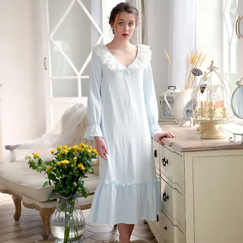  Naiste Puhtast Puuvillast Nightgowns Emane Printsess, Kuninglik Pikad Varrukad Öö Pits Kleit Lady Armas Kodu Kleit Korea Magada Kanda 1812185