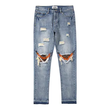  Y2K Ripitud Segast Pestud Teksad Meeste Kett Kaunistatud Vabaaja Püksid Ins Ameerika Trend Slim Sirged pikad Püksid, Pliiats Teksad Meestele