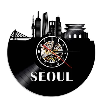  Seoul Skyline Kunsti Dekoratiivse Seina Kella Kaasaegne Disain Korea Pealinna Linnaruumi Vinüül Rekord Kella Unikaalne Reisi Kingitused