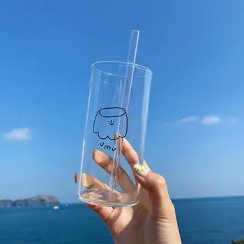  1 Komplekt Klaasist Tass Cartoon Läbipaistev Juua Pudel Lihtne Muster Piima Kohvi Joomine Cup with Straw Klaasist Kruus Joogi Tassi